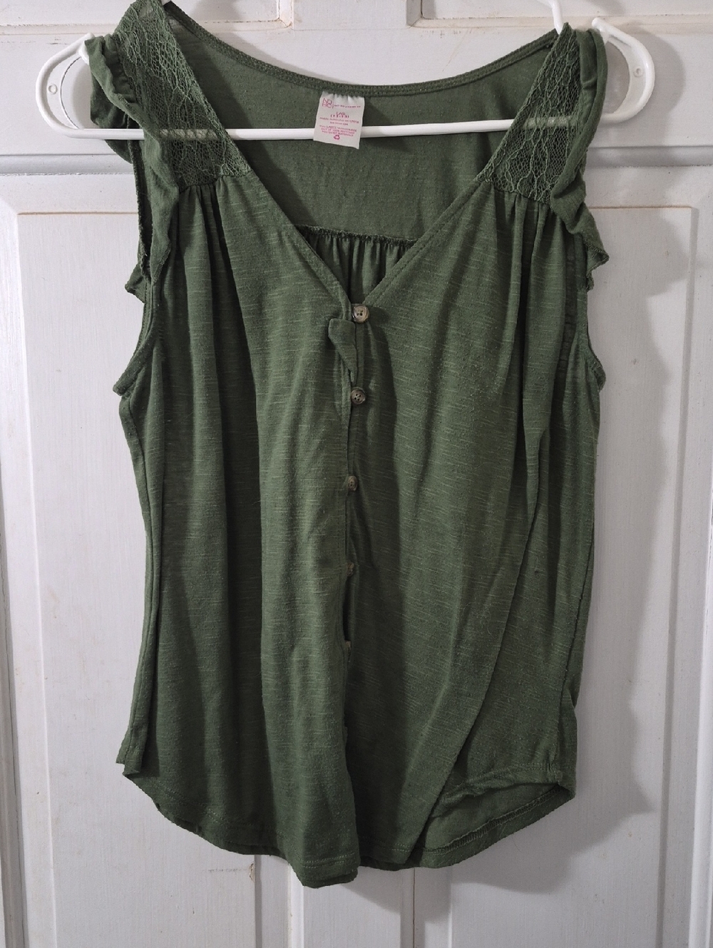 No Boundaries Olive Green Button-Front Lace Shoulder Tank